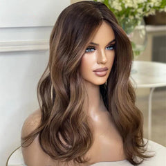 Brown Highlights Wavy Human Lace Front Wigs Long 150 Density 100% Human Lace Wigs