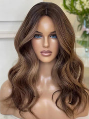 Brown Highlights Wavy Human Lace Front Wigs Long 150 Density 100% Human Lace Wigs