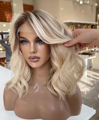 Ombre Blonde Wavy Human Lace Front Wigs Pre Plucked Lace Front Wigs