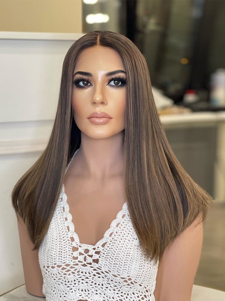 Brown Highlights Straight Human Lace Front Wigs Long 150 Density 100% Human Wavy Lace Wigs