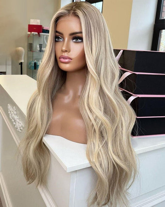 Ombre Blonde Human Lace Front Wigs Long Wavy Remy 150 Density 100% Human  Lace Wigs