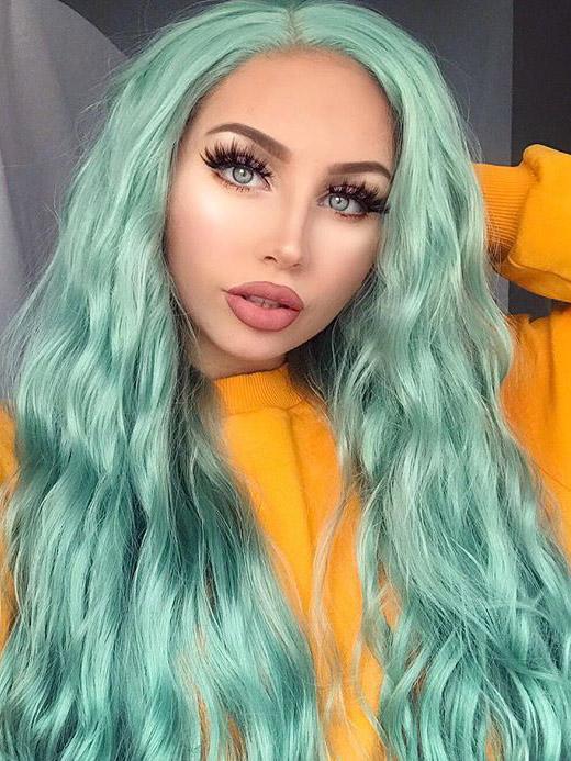 Long Wavy Green Synthetic Lace Front wigs quality green Wigs-Chloewigs