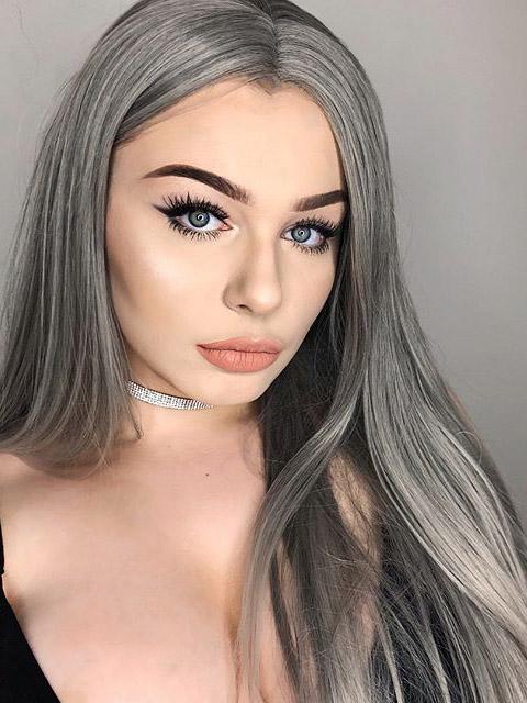 Long Straight Silver Grey Synthetic Lace Front Wigs Long Gray Wig-Chloewigs