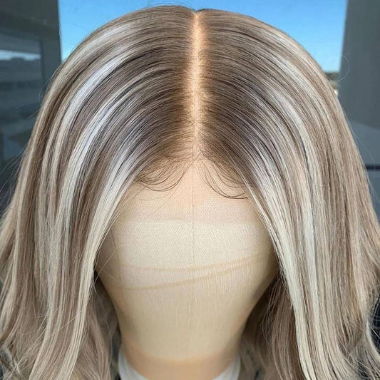 Short Bob Lace Frontal Wig Ombre Ash Blonde Highlights Wavy Virgin Hair wigs