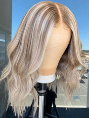 Short Bob Lace Frontal Wig Ombre Ash Blonde Highlights Wavy Virgin Hair wigs-Chloewigs