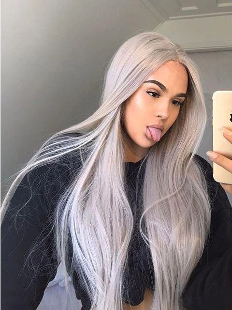 Long Wavy Grey Synthetic Lace Front Wig Gray Lace Front Wigs-Chloewigs