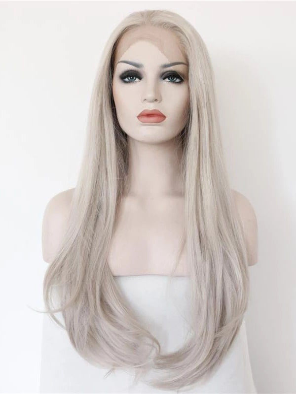 Long Wavy Grey Synthetic Lace Front Wig Gray Lace Front Wigs-Chloewigs