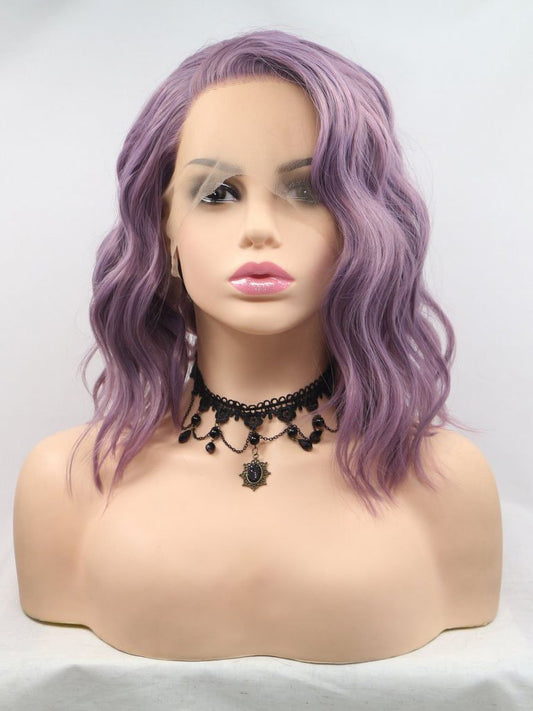 Short Wavy Purple Synthetic Lace Front Wigs Short Wigs Purple Bob Wig