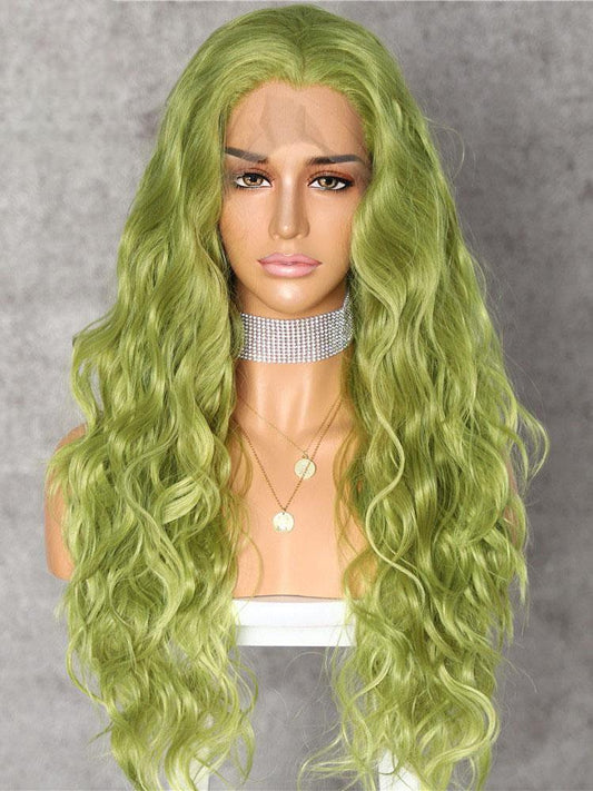 Long Green Wavy Synthetic Lace Front Wigs for Women Green Cosplay Wig