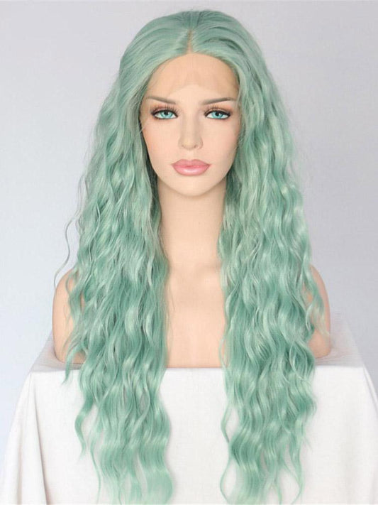 Long Wavy Green Synthetic Lace Front wigs quality green Wigs