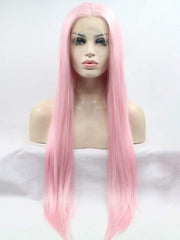 Long Pink Synthetic Wig Long Lace Front Wig Pink Straight Lace Front Cosplay Wigs-Chloewigs