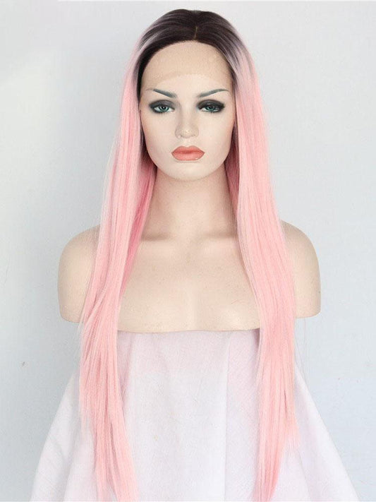 Long Straight Ombre Pink Synthetic Lace Front Wigs Ombre Pink Wigs-Chloewigs