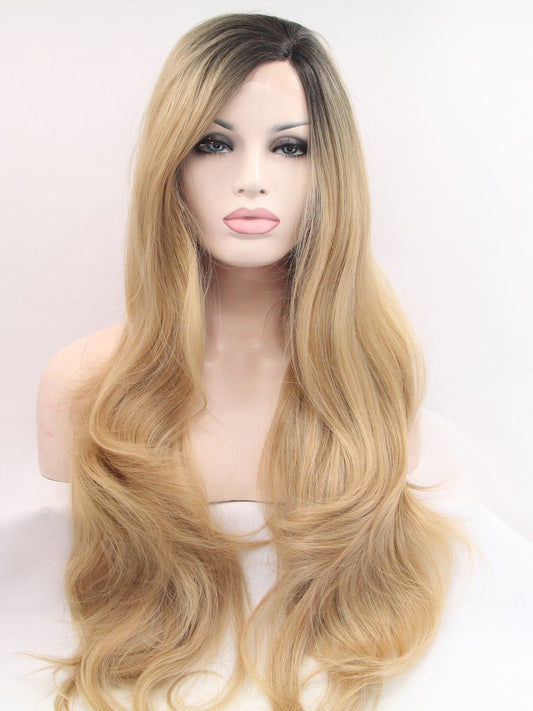Long Wavy Ombre Blonde Synthetic Lace Front Wigs Long Blonde Wig  Blonde Wig with Dark roots