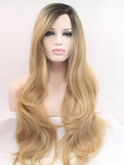 Long Wavy Ombre Blonde Synthetic Lace Front Wigs Long Blonde Wig Blonde Wig with Dark roots-Chloewigs