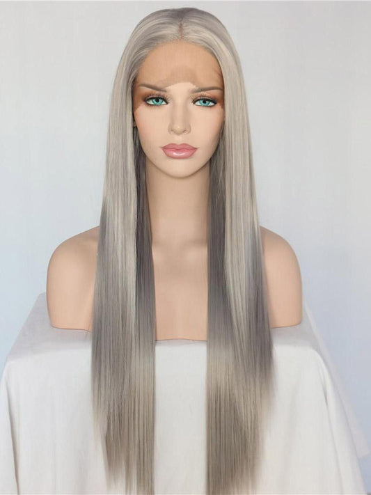 Long Straight Silver Grey Synthetic Lace Front Wigs Long Gray Wig