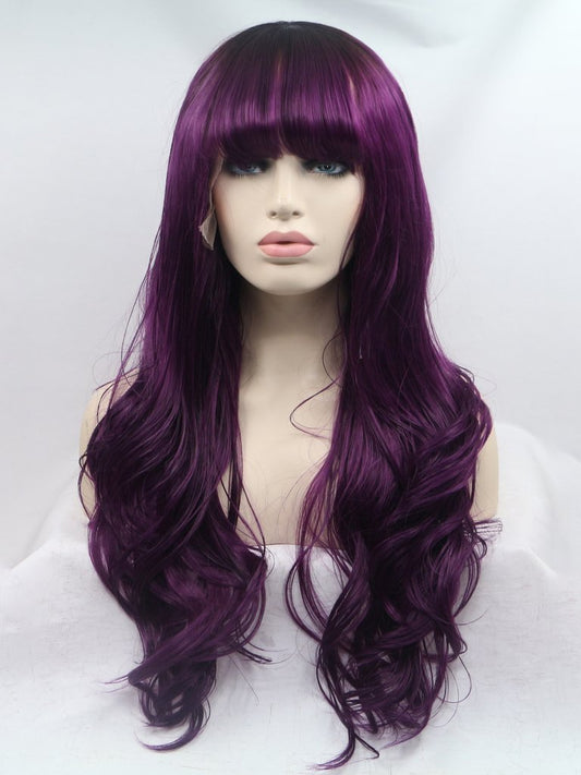 Long Purple Wavy Synthetic Wigs with Bangs Purple Lace Front Wig with Bangs