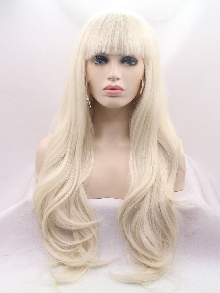 Long Blonde Wavy Synthetic Lace Front Wigs with Bangs-Chloewigs