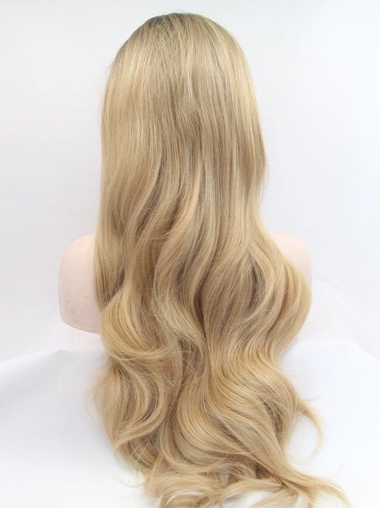 Long Wavy Ombre Blonde Synthetic Lace Front Wigs Long Blonde Wig Blonde Wig with Dark roots-Chloewigs