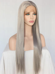 Long Straight Silver Grey Synthetic Lace Front Wigs Long Gray Wig-Chloewigs