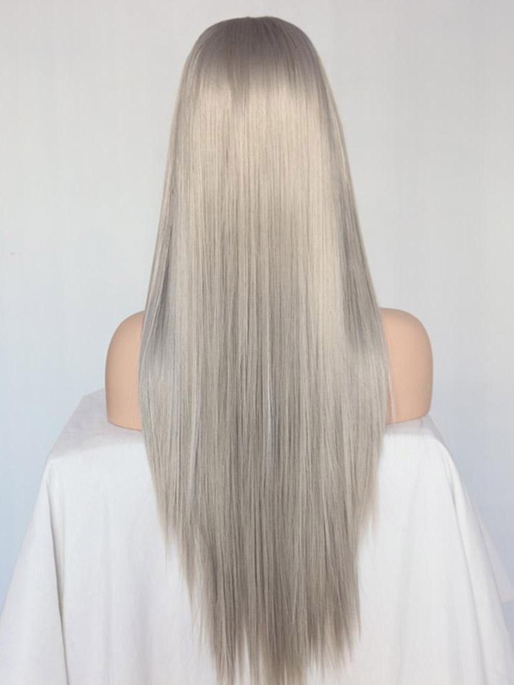 Long Straight Silver Grey Synthetic Lace Front Wigs Long Gray Wig-Chloewigs