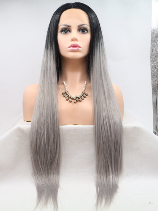 Long Wavy Ombre Grey Synthetic Lace Front Wigs Lace Front Wigs Long Synthetic Wigs