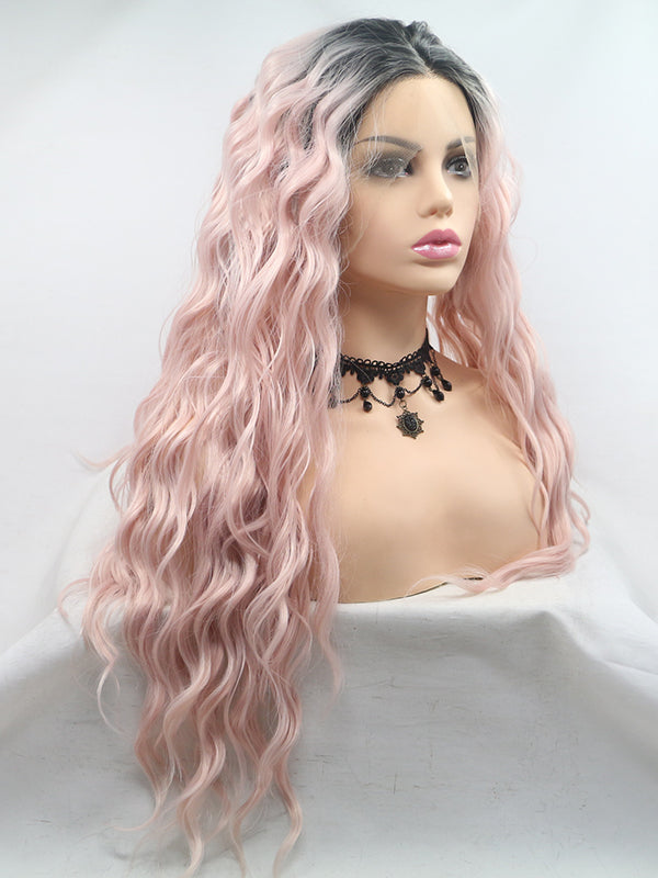 Ombre Pink Wigs Long Ombre Pink Synthetic Wig Wavy Long Lace Front Wigs-Chloewigs