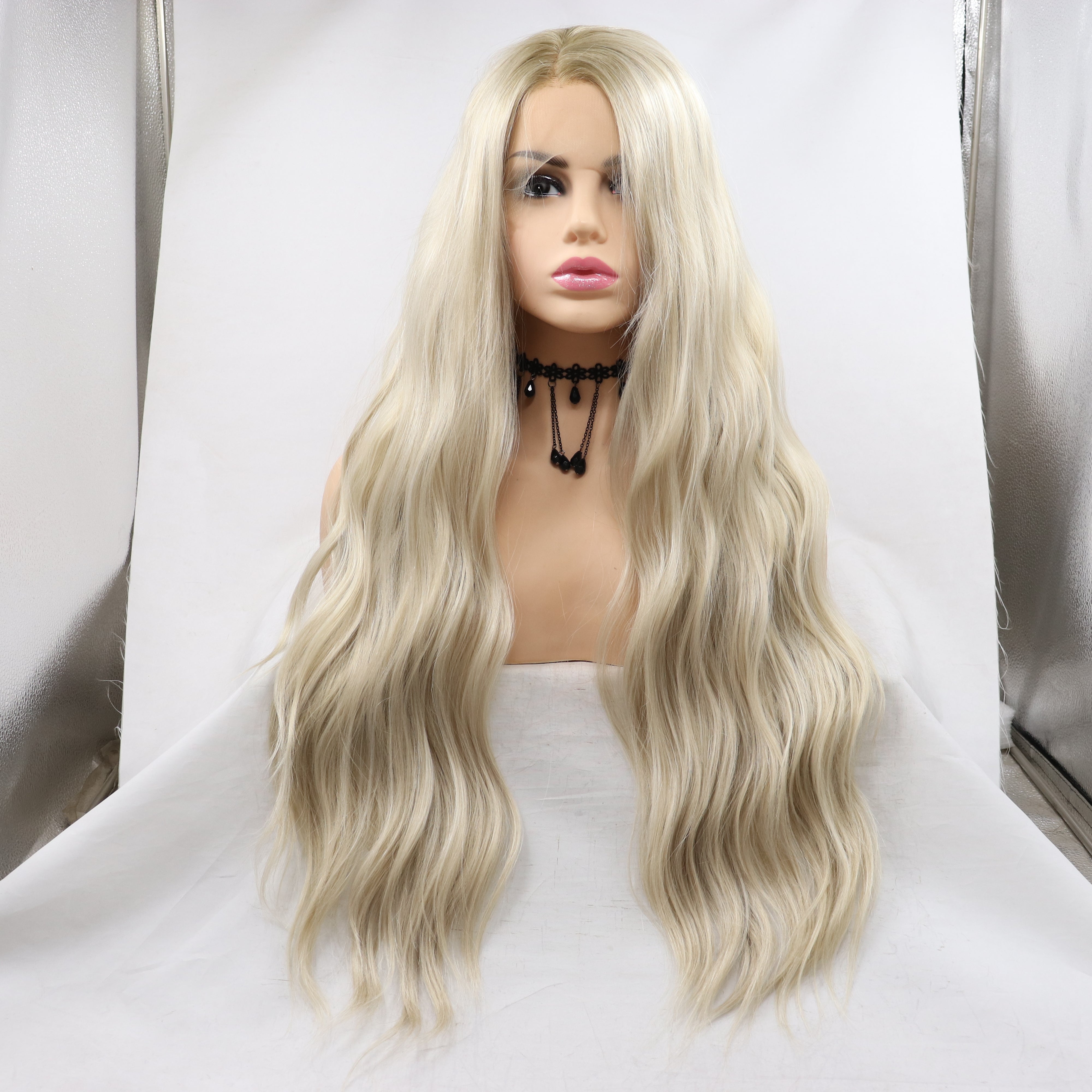 24" Natural Light Blonde Wavy Synthetic Front Lace Wigs-Chloewigs