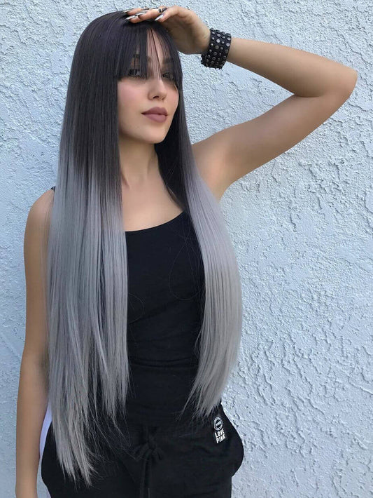 24" Ombre Grey Synthetic Lace Front Wig with Bangs-Chloewigs