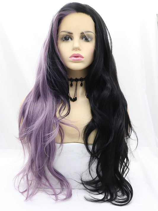 22" Ombre Half Black Half Purple Wavy Synthetic lace Front Wigs