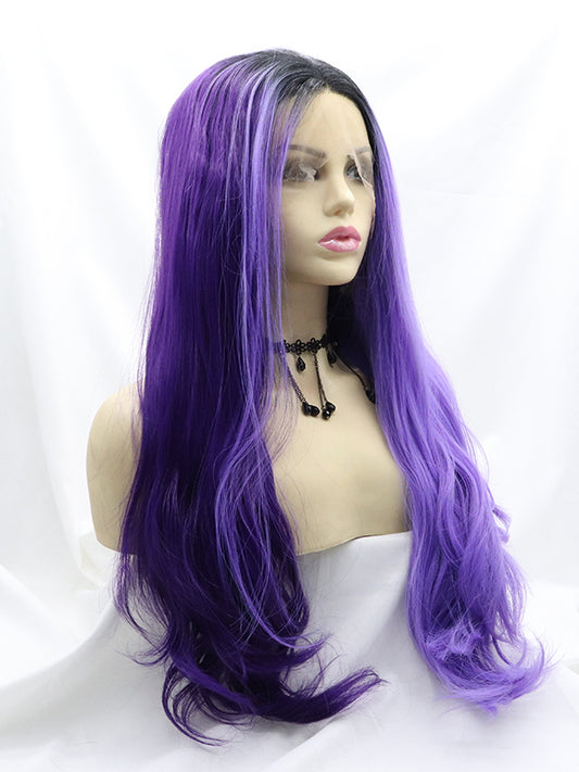 24" Purple Ombre Black Long Wavy Synthetic Lace Front Wig