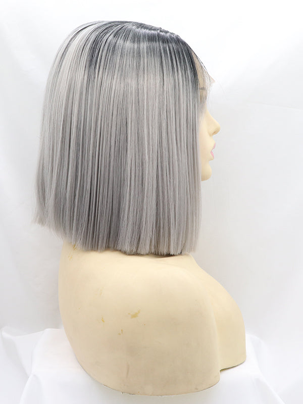 Black/Grey Short Wavy Ombre Bob Synthetic Lace Front Wig Bob ombre wigs-Chloewigs