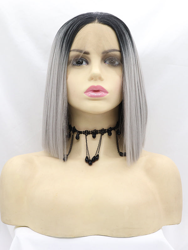 Black/Grey Short Wavy Ombre Bob Synthetic Lace Front Wig Bob ombre wigs-Chloewigs