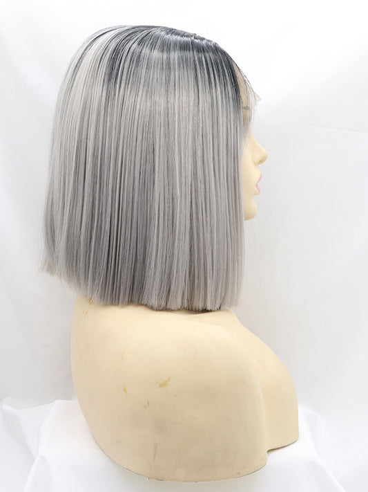 Black/Grey Short Wavy Ombre Bob Synthetic Lace Front Wig Bob ombre wigs