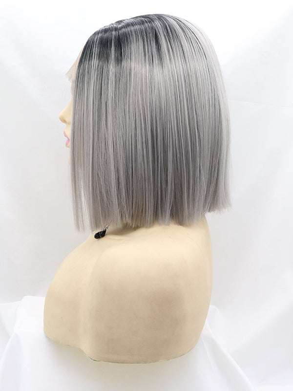 Black/Grey Short Wavy Ombre Bob Synthetic Lace Front Wig Bob ombre wigs-Chloewigs