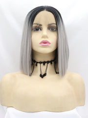 Black/Grey Short Wavy Ombre Bob Synthetic Lace Front Wig Bob ombre wigs-Chloewigs