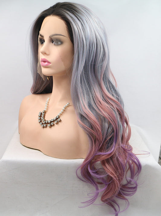 Grey Long Colorful  colorful mixed Wave Ombre Synthetic Lace Front Wig