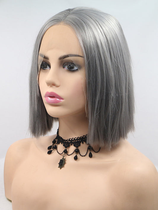 14" Short Grey Straight Bob Style Synthetic Lace Front Wig Bob Wigs
