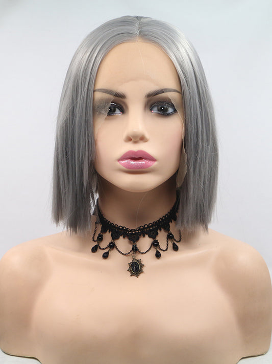14" Short Grey Straight Bob Style Synthetic Lace Front Wig Bob Wigs