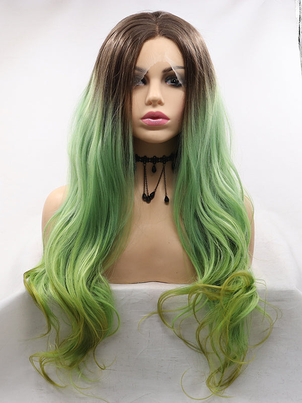 Ombre Green Long Wavy Synthetic Lace Front Wig Green Lace Front Wig-Chloewigs