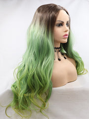 Ombre Green Long Wavy Synthetic Lace Front Wig Green Lace Front Wig-Chloewigs