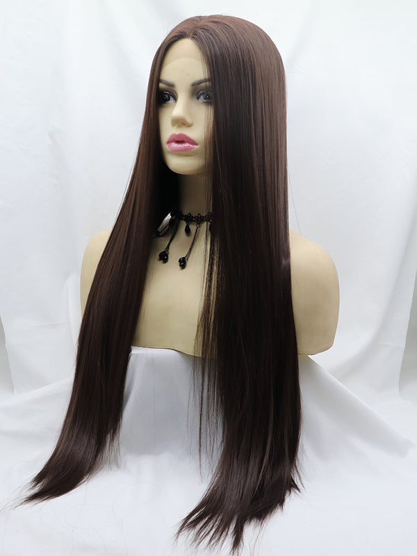 Medium Dark Brown Long Straight Synthetic Wigs-Chloewigs