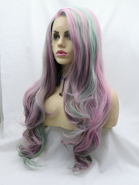 Purple Mixed colorful Long Wavy Synthetic Wig